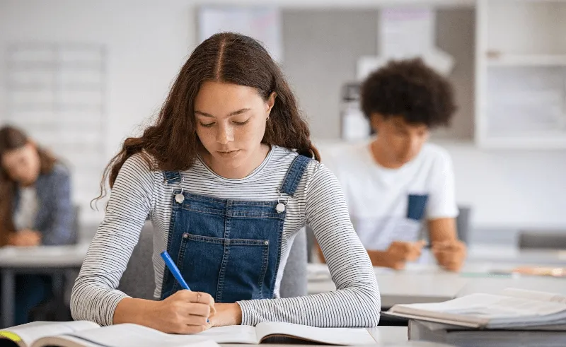Alunos concentrados em uma sala de aula durante a atividade